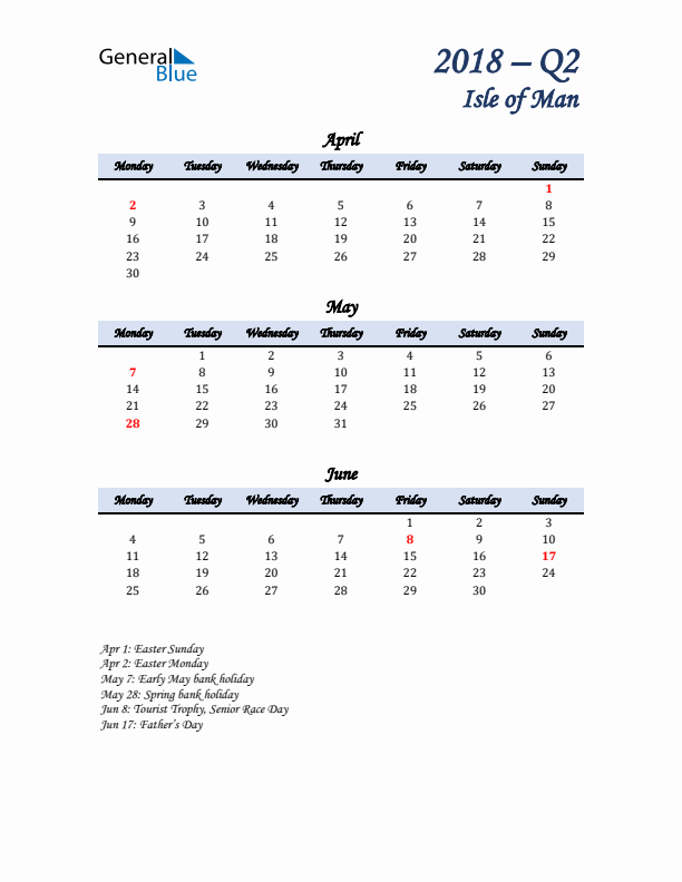 April, May, and June Calendar for Isle of Man with Monday Start