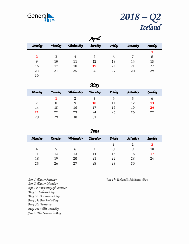 April, May, and June Calendar for Iceland with Monday Start