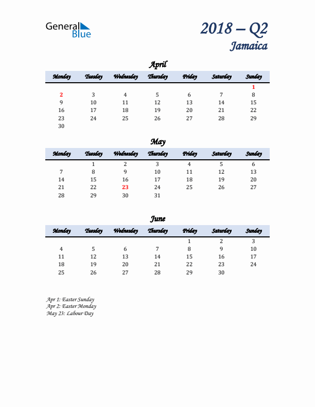 April, May, and June Calendar for Jamaica with Monday Start