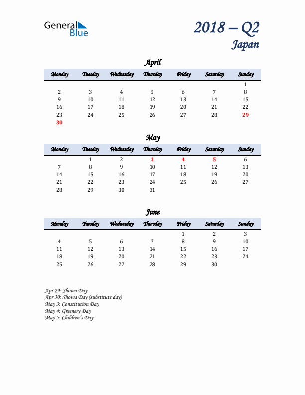 April, May, and June Calendar for Japan with Monday Start