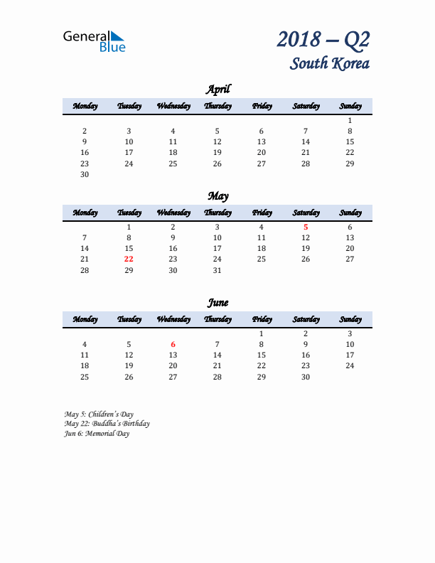 April, May, and June Calendar for South Korea with Monday Start