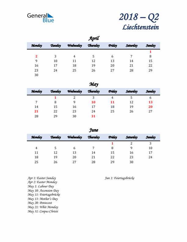 April, May, and June Calendar for Liechtenstein with Monday Start