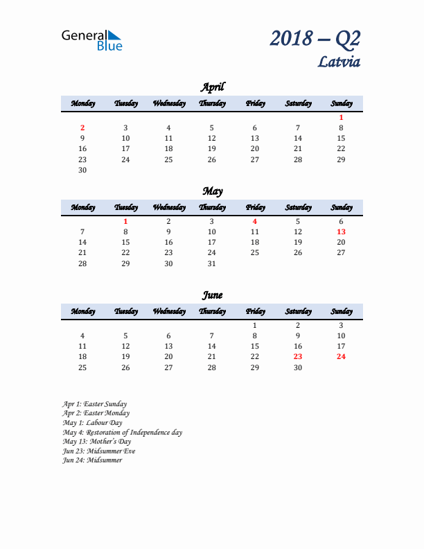 April, May, and June Calendar for Latvia with Monday Start