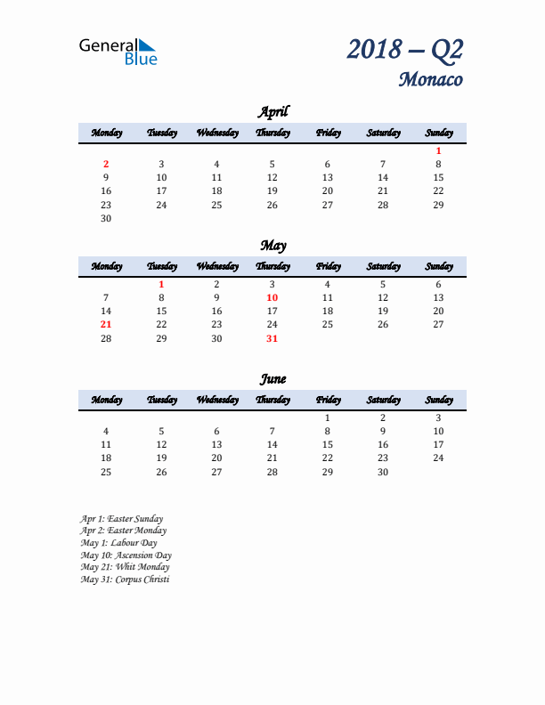 April, May, and June Calendar for Monaco with Monday Start