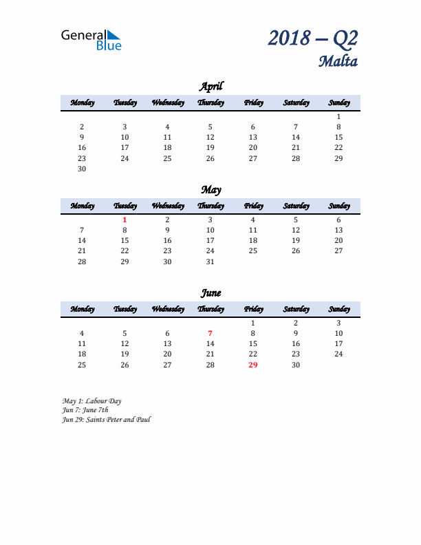 April, May, and June Calendar for Malta with Monday Start