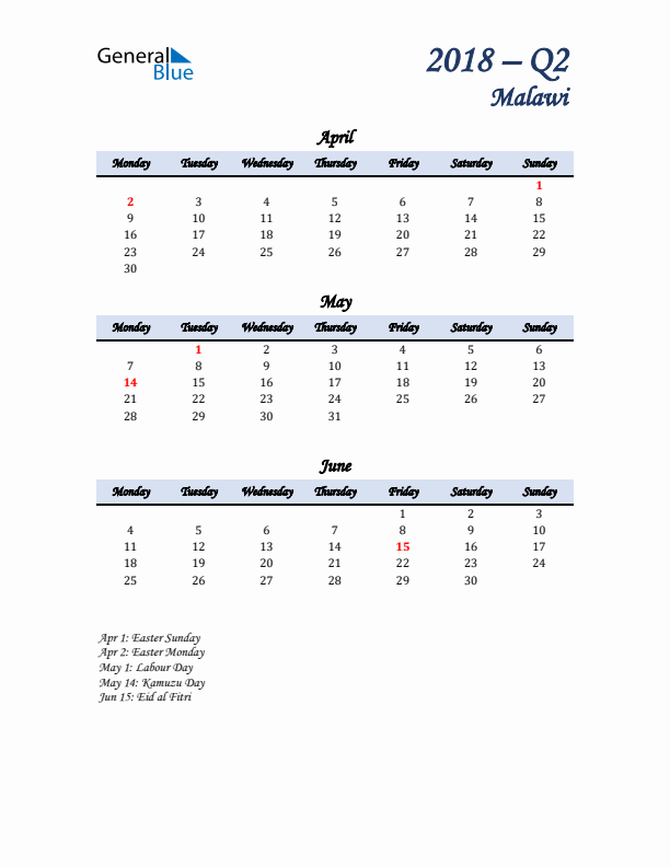 April, May, and June Calendar for Malawi with Monday Start