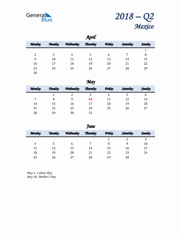 April, May, and June Calendar for Mexico with Monday Start