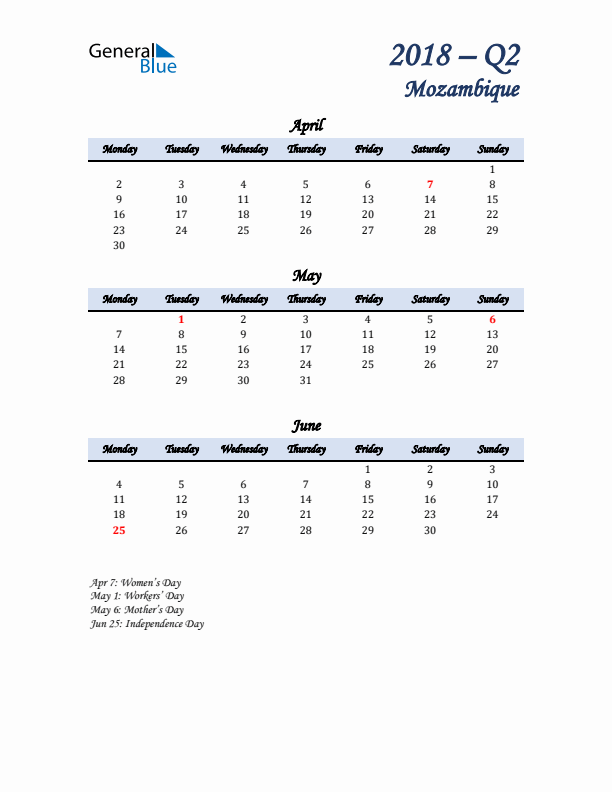 April, May, and June Calendar for Mozambique with Monday Start