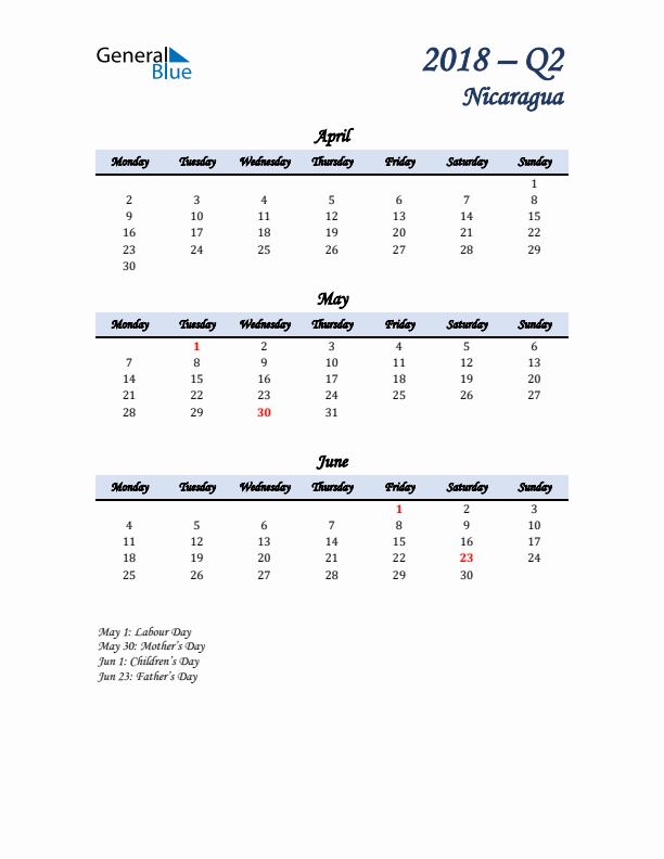 April, May, and June Calendar for Nicaragua with Monday Start