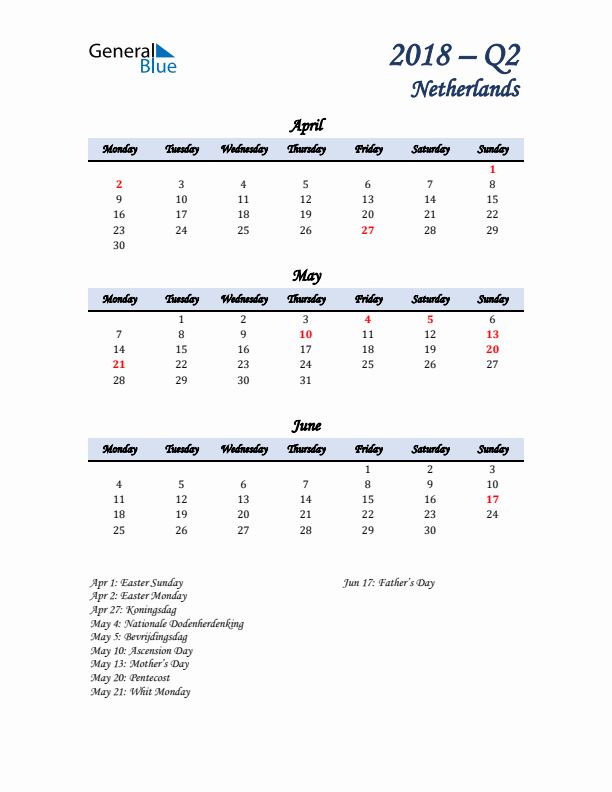 April, May, and June Calendar for The Netherlands with Monday Start