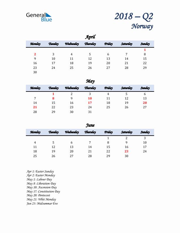 April, May, and June Calendar for Norway with Monday Start