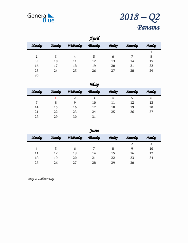 April, May, and June Calendar for Panama with Monday Start