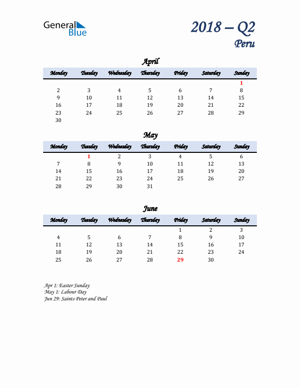 April, May, and June Calendar for Peru with Monday Start