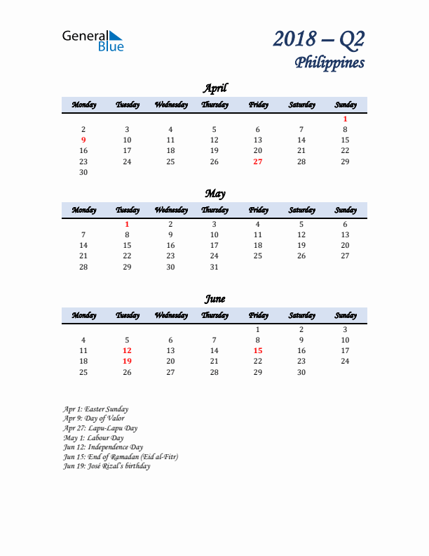 April, May, and June Calendar for Philippines with Monday Start