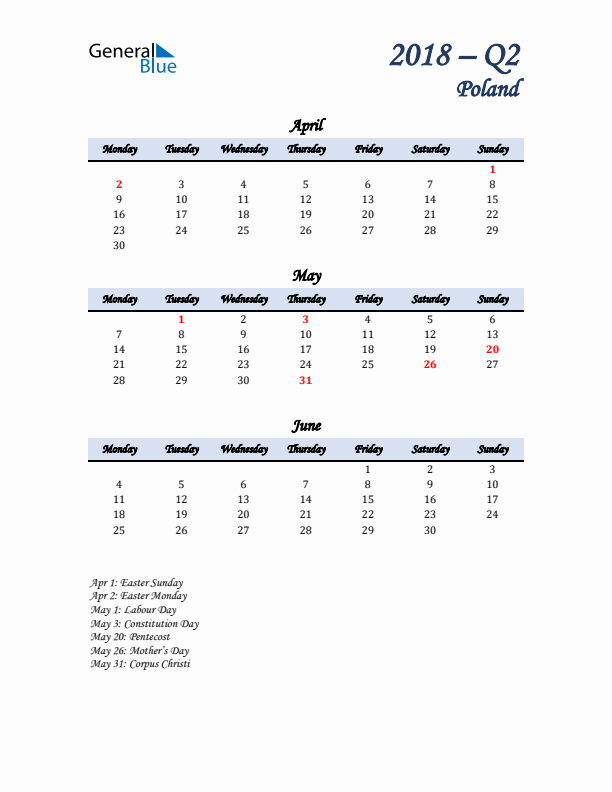 April, May, and June Calendar for Poland with Monday Start