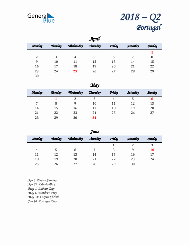 April, May, and June Calendar for Portugal with Monday Start