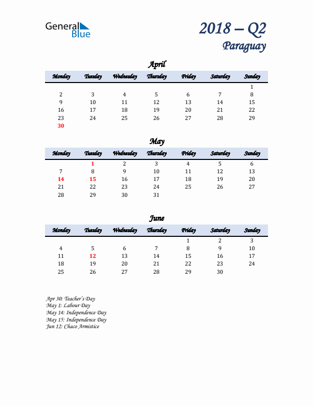 April, May, and June Calendar for Paraguay with Monday Start