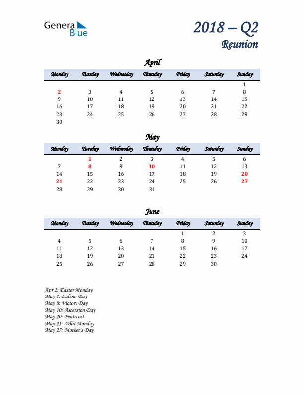 April, May, and June Calendar for Reunion with Monday Start