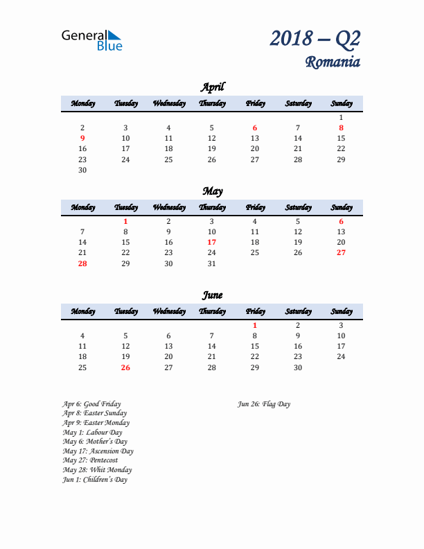 April, May, and June Calendar for Romania with Monday Start