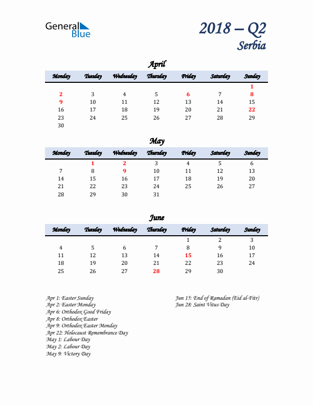 April, May, and June Calendar for Serbia with Monday Start