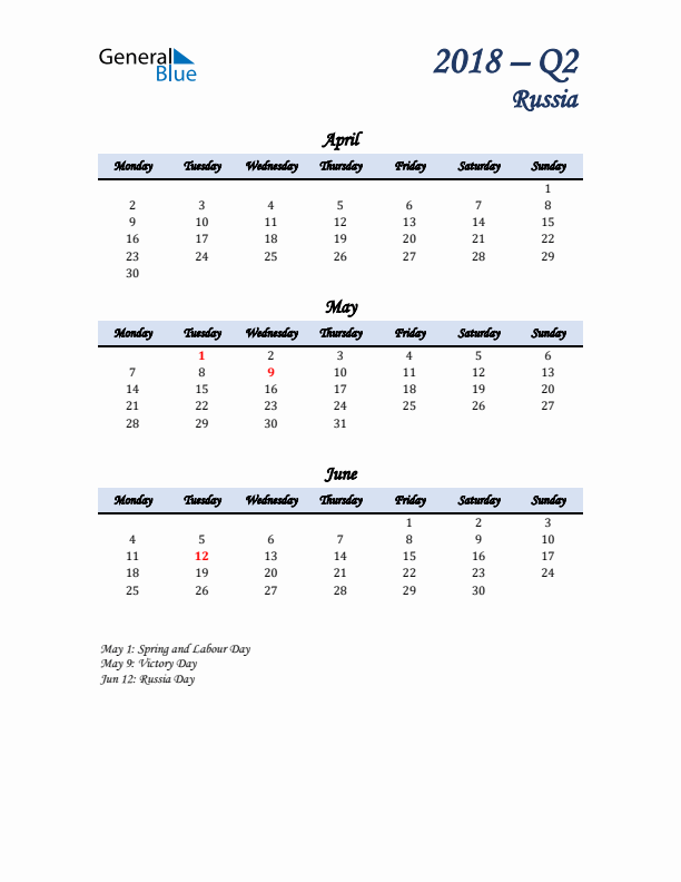 April, May, and June Calendar for Russia with Monday Start