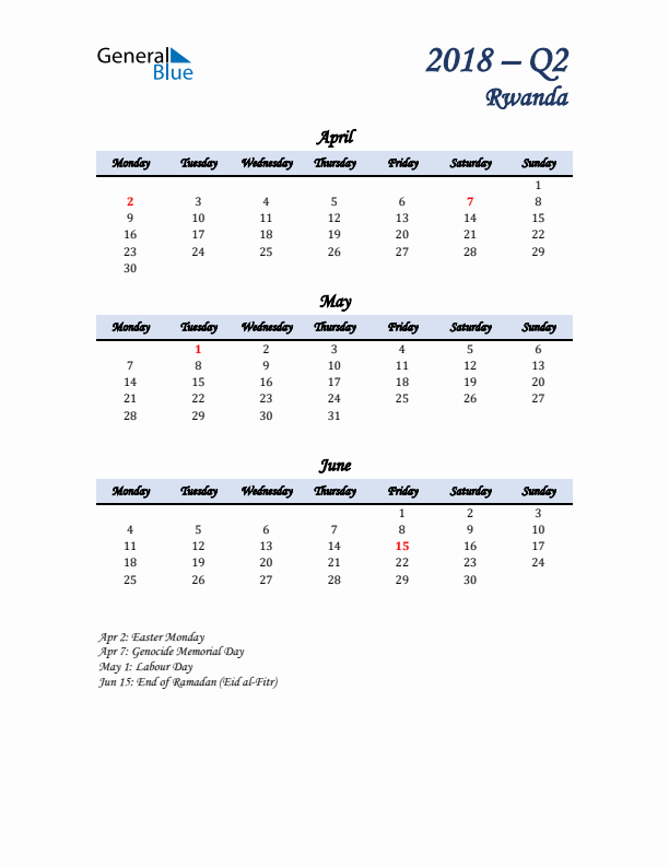 April, May, and June Calendar for Rwanda with Monday Start