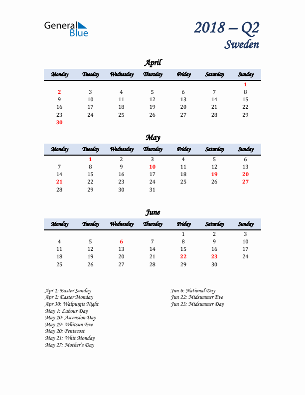 April, May, and June Calendar for Sweden with Monday Start