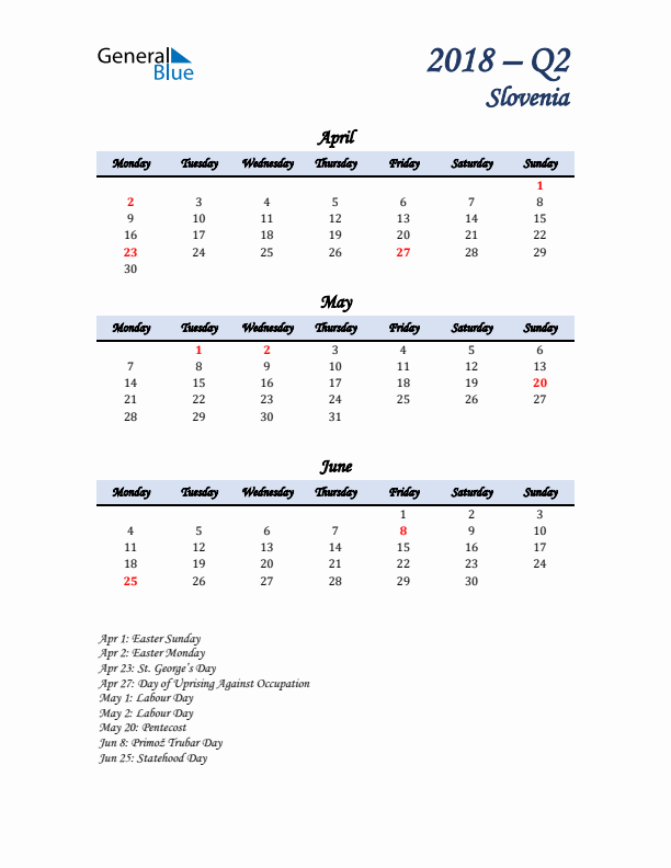 April, May, and June Calendar for Slovenia with Monday Start