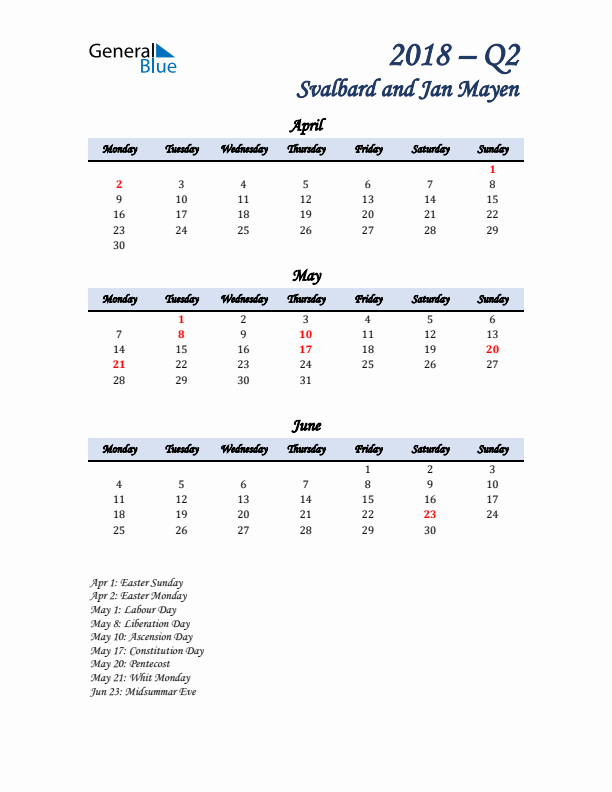 April, May, and June Calendar for Svalbard and Jan Mayen with Monday Start