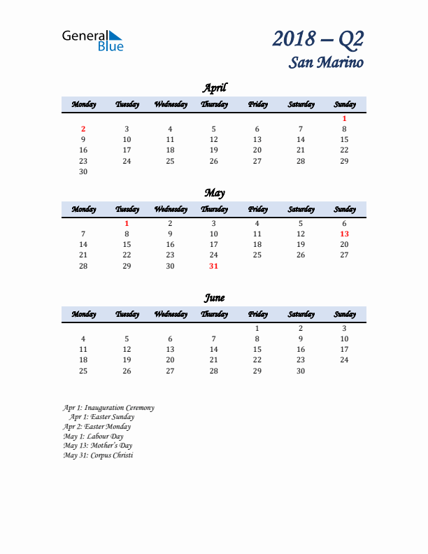 April, May, and June Calendar for San Marino with Monday Start