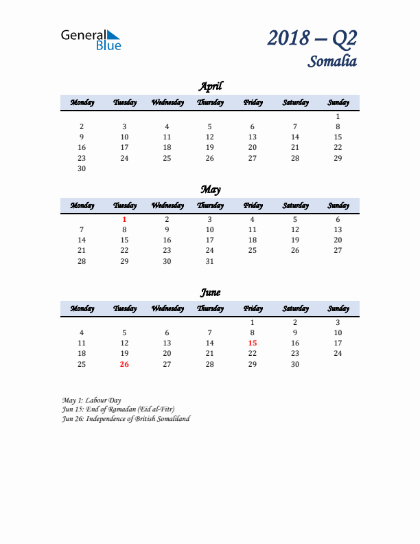 April, May, and June Calendar for Somalia with Monday Start