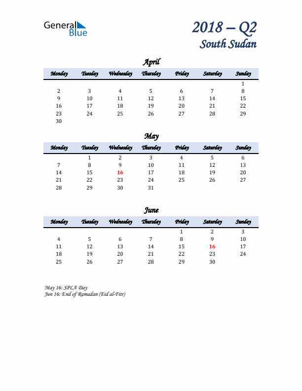 April, May, and June Calendar for South Sudan with Monday Start