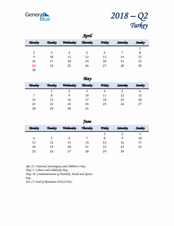 April, May, and June Calendar for Turkey with Monday Start