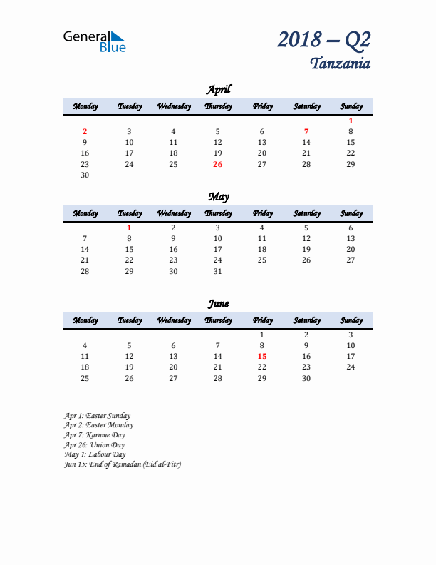 April, May, and June Calendar for Tanzania with Monday Start