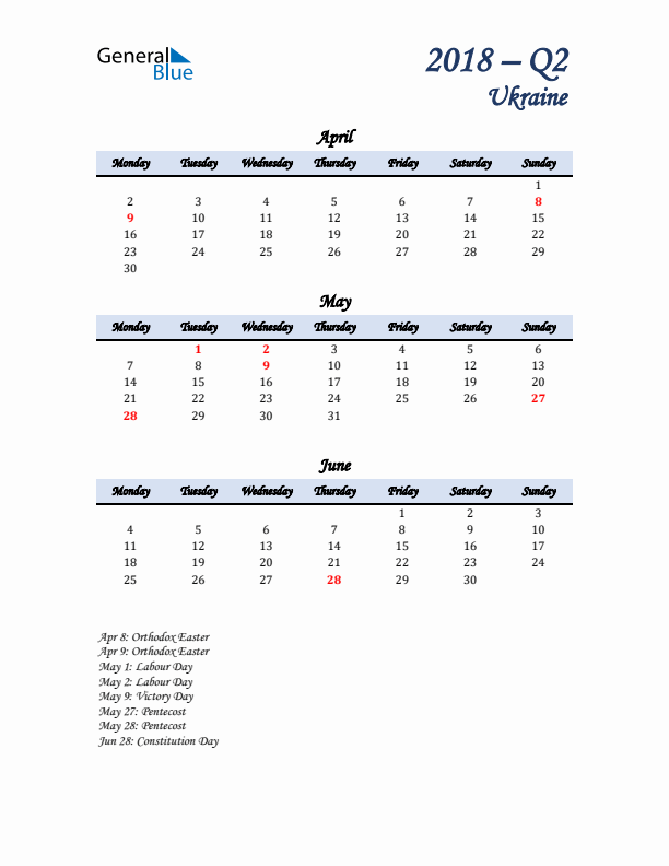 April, May, and June Calendar for Ukraine with Monday Start