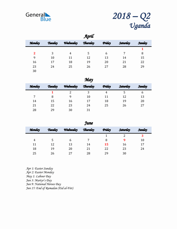 April, May, and June Calendar for Uganda with Monday Start