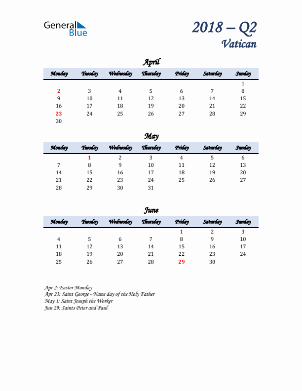 April, May, and June Calendar for Vatican with Monday Start