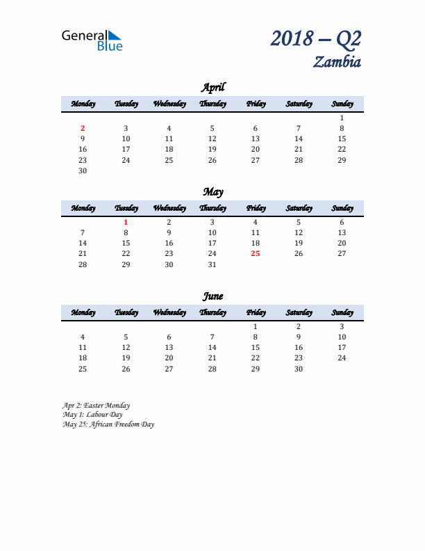 April, May, and June Calendar for Zambia with Monday Start