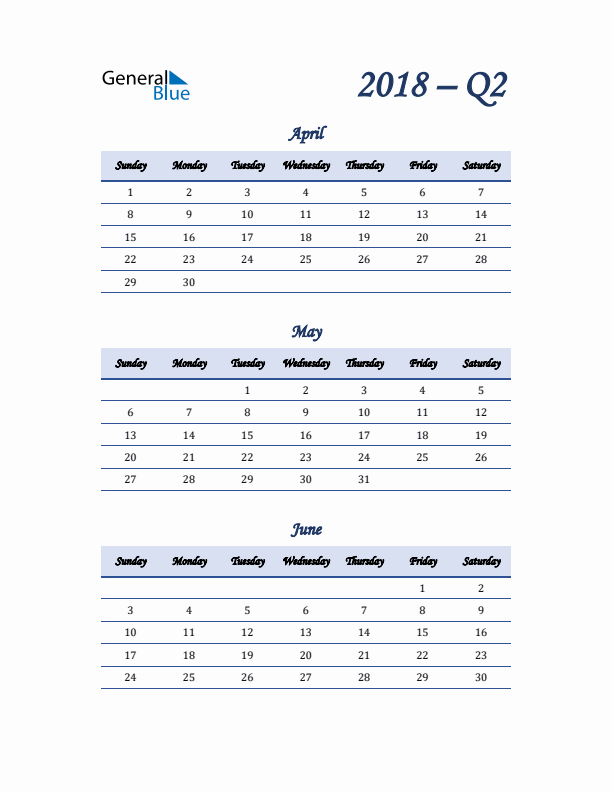 Sunday Start 2018 Quarterly Calendar