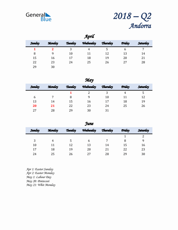 April, May, and June Calendar for Andorra with Sunday Start