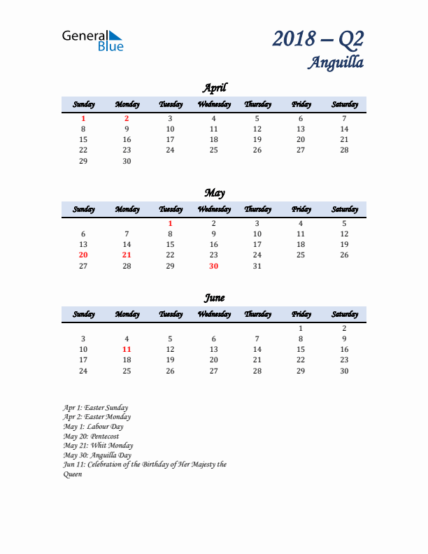 April, May, and June Calendar for Anguilla with Sunday Start