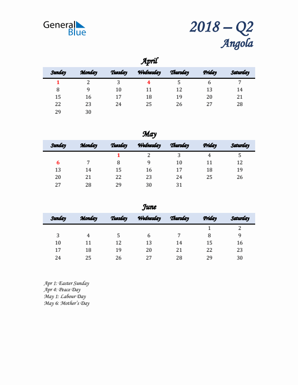 April, May, and June Calendar for Angola with Sunday Start