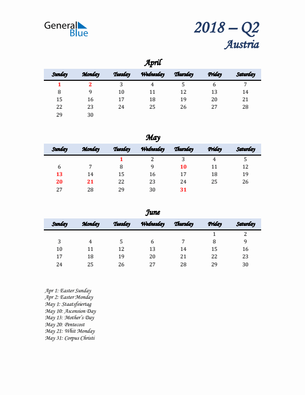 April, May, and June Calendar for Austria with Sunday Start