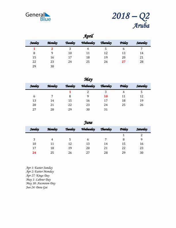 April, May, and June Calendar for Aruba with Sunday Start