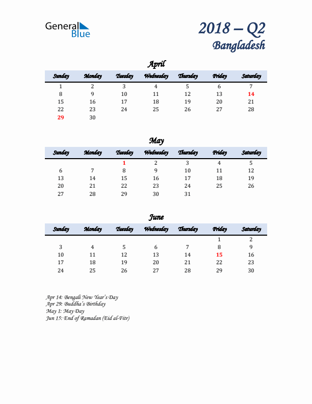 April, May, and June Calendar for Bangladesh with Sunday Start