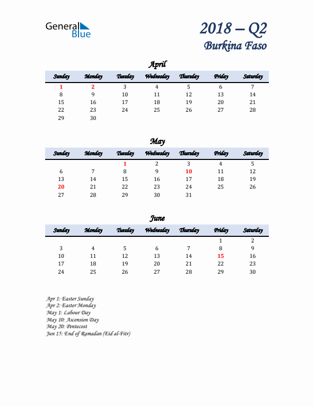 April, May, and June Calendar for Burkina Faso with Sunday Start