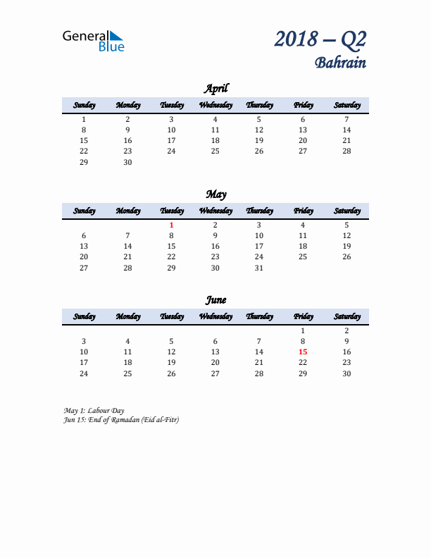 April, May, and June Calendar for Bahrain with Sunday Start