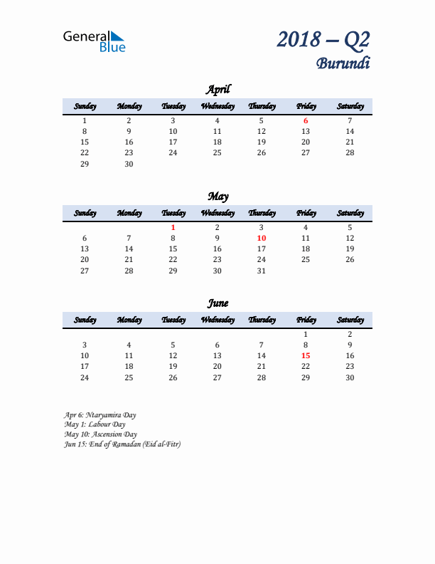 April, May, and June Calendar for Burundi with Sunday Start