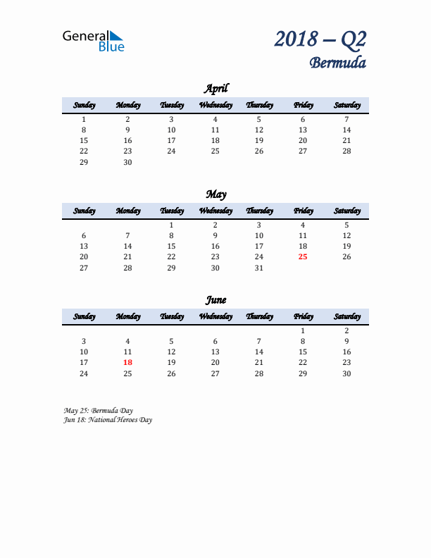 April, May, and June Calendar for Bermuda with Sunday Start