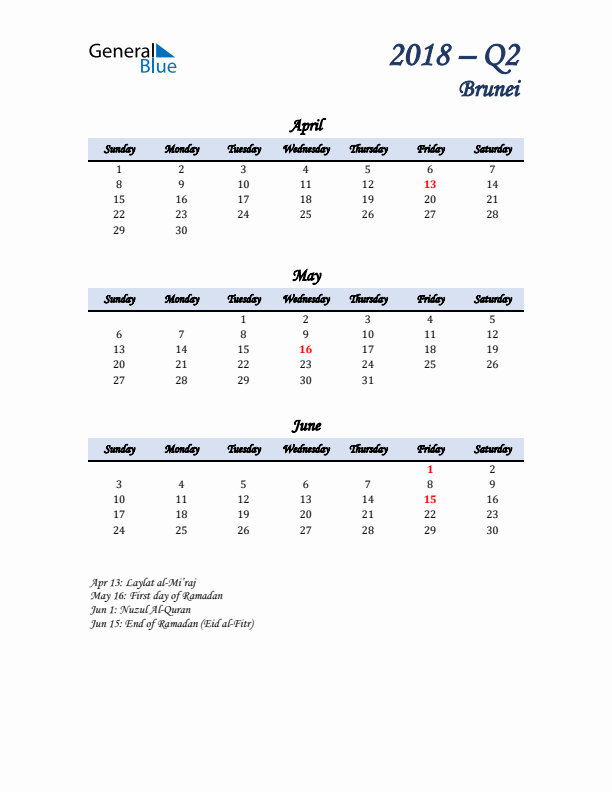 April, May, and June Calendar for Brunei with Sunday Start